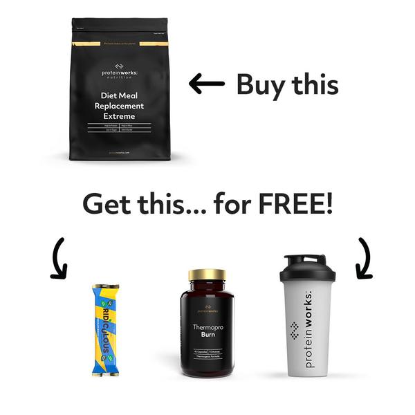 A minimalist, high-contrast ad creative that uses simple arrows to illustrate a 'Buy One, Get Three' product bundle offer.